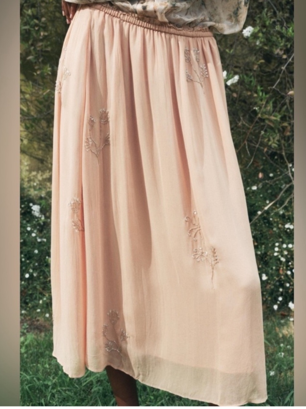 Zara chiffon sparkle floral beaded embellished cream flowy midi skirt